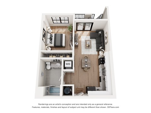 Floor plan for 1 bed, 1 bath, 649 sqft